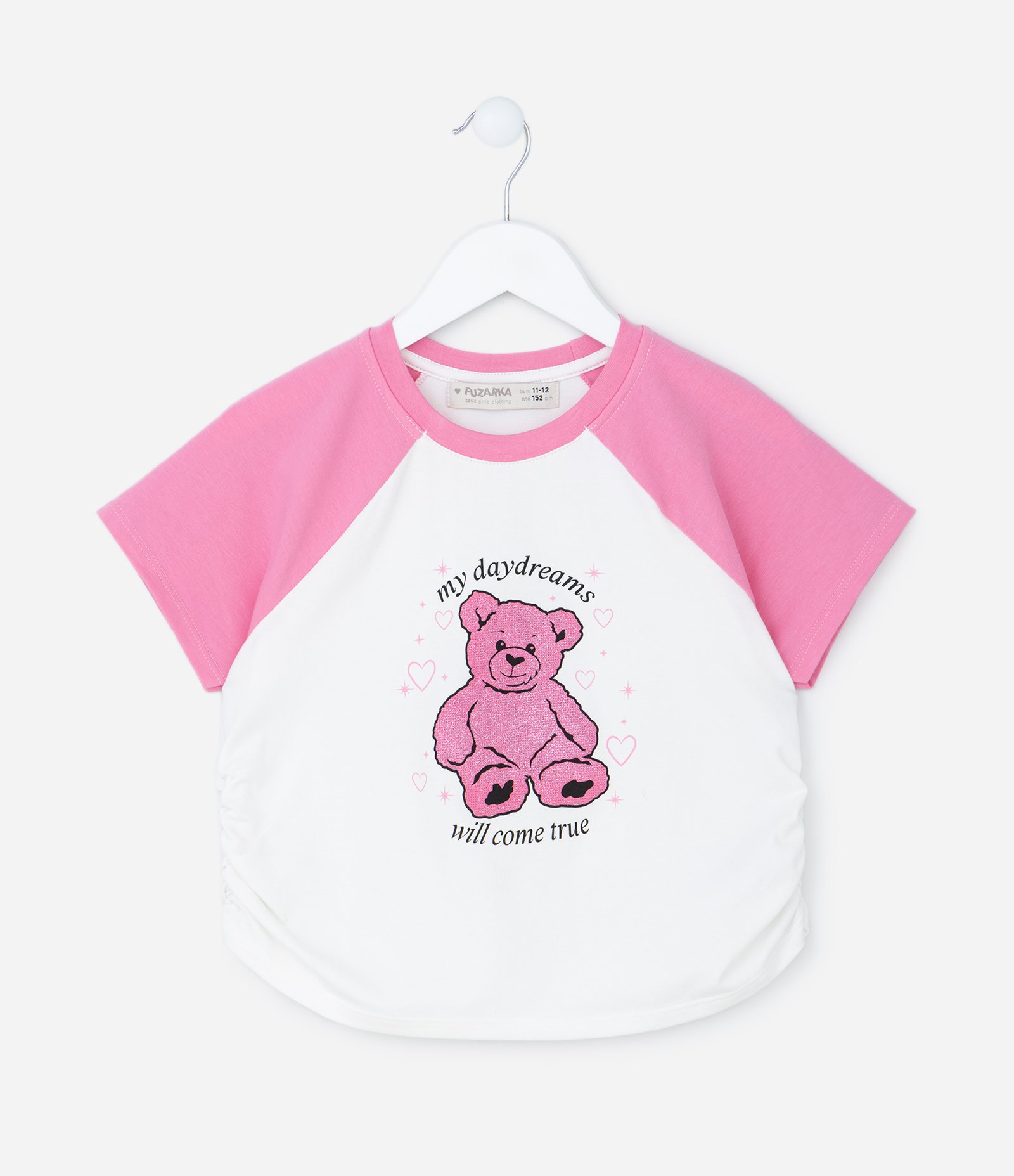 Blusa Infantil em Cotton com Franzido Lateral e Estampa Puff de Ursinho - Tam 5 a 14 anos Branco/Rosa 1