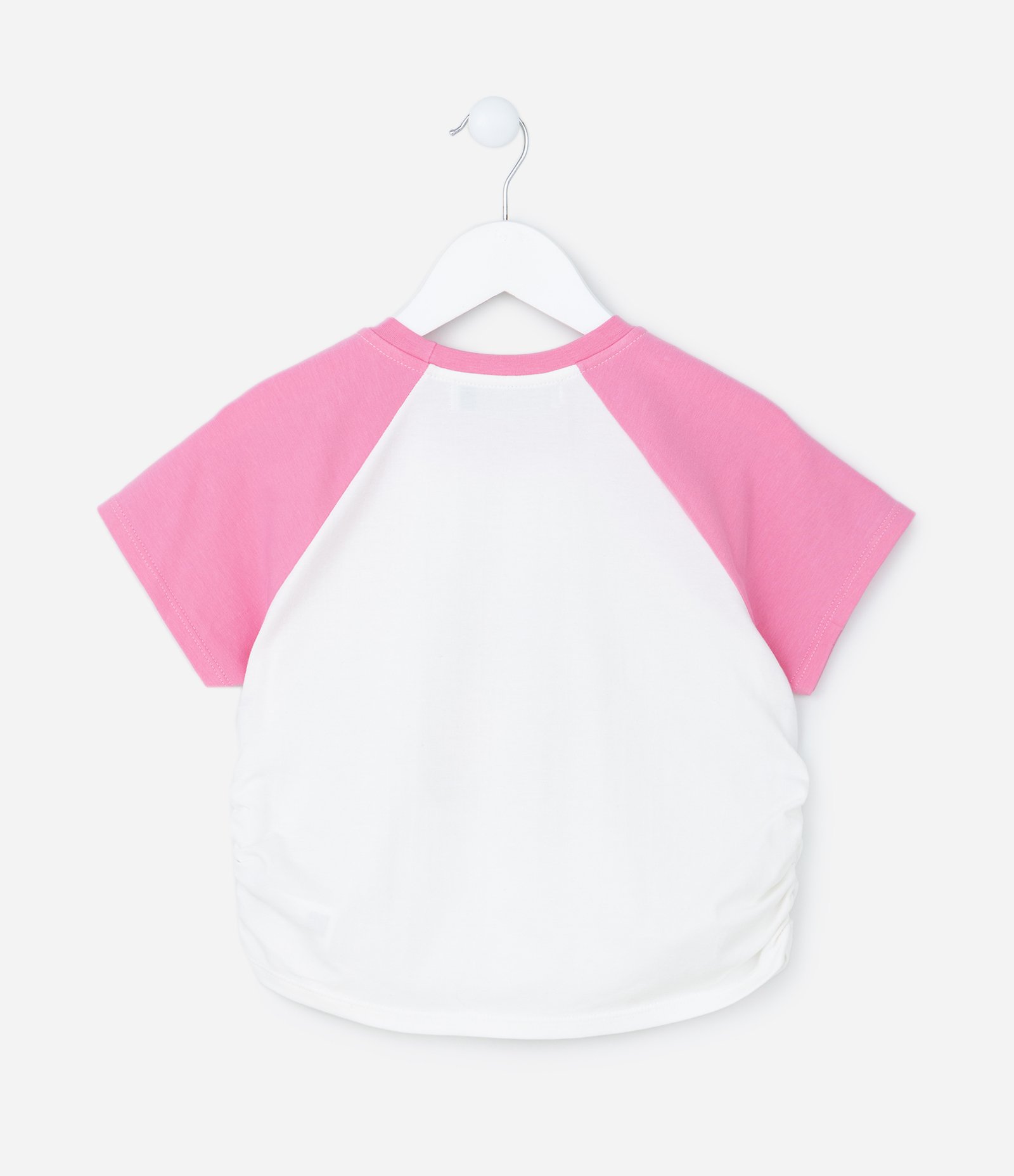 Blusa Infantil em Cotton com Franzido Lateral e Estampa Puff de Ursinho - Tam 5 a 14 anos Branco/Rosa 2