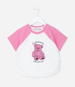 Blusa Infantil em Cotton com Franzido Lateral e Estampa Puff de Ursinho - Tam 5 a 14 anos