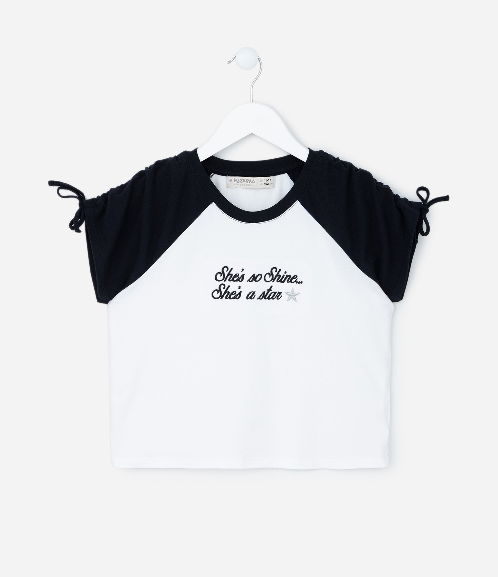 Blusa Infantil em Algodão com Manga Raglan e Amarração - Tam 5 a 14 anos Branco/Preto 1