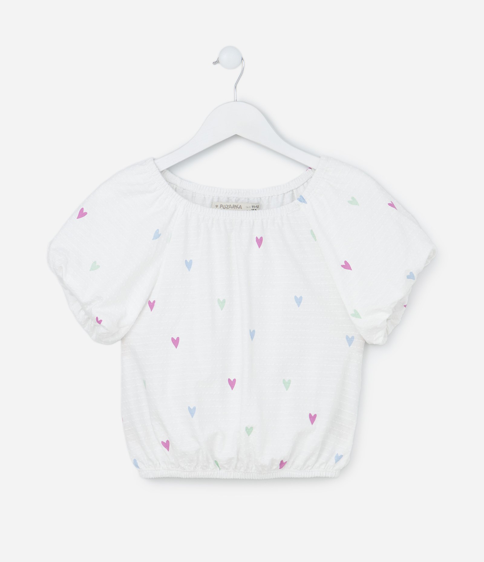 Blusa Cropped Infantil Texturizada com Manga Balonê e Estampa de Corações - Tem 5 a 14 anos Branco 1