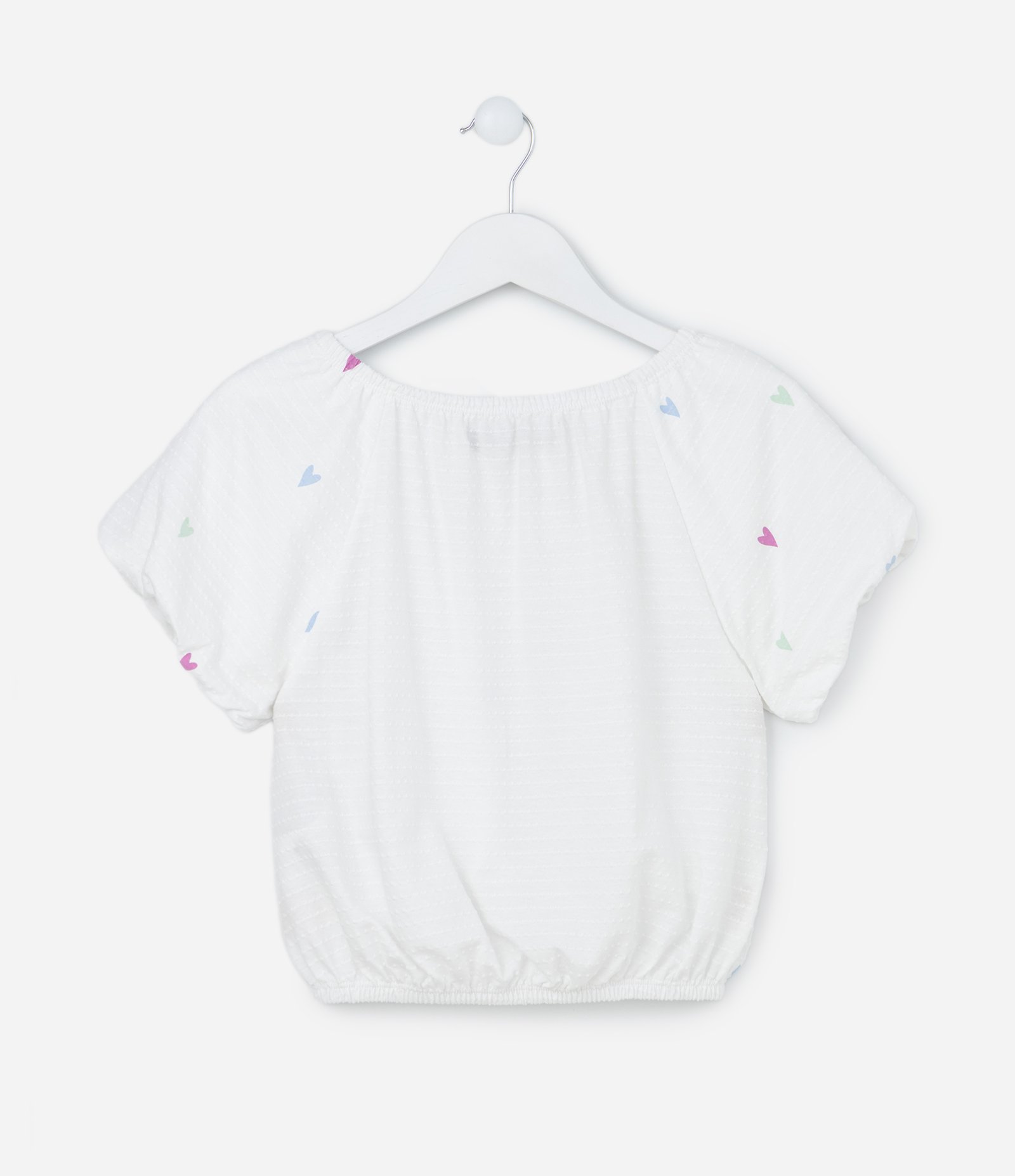 Blusa Cropped Infantil Texturizada com Manga Balonê e Estampa de Corações - Tem 5 a 14 anos Branco 2