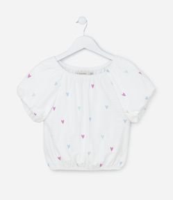 Blusa Cropped Infantil Texturizada com Manga Balonê e Estampa de Corações - Tem 5 a 14 anos
