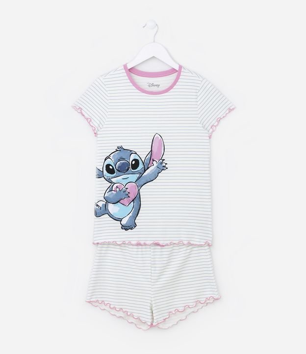 Pijama Infantil Listradinho com Estampa do Stitch e Barra Onduladinha - Tam 5 a 14 anos
