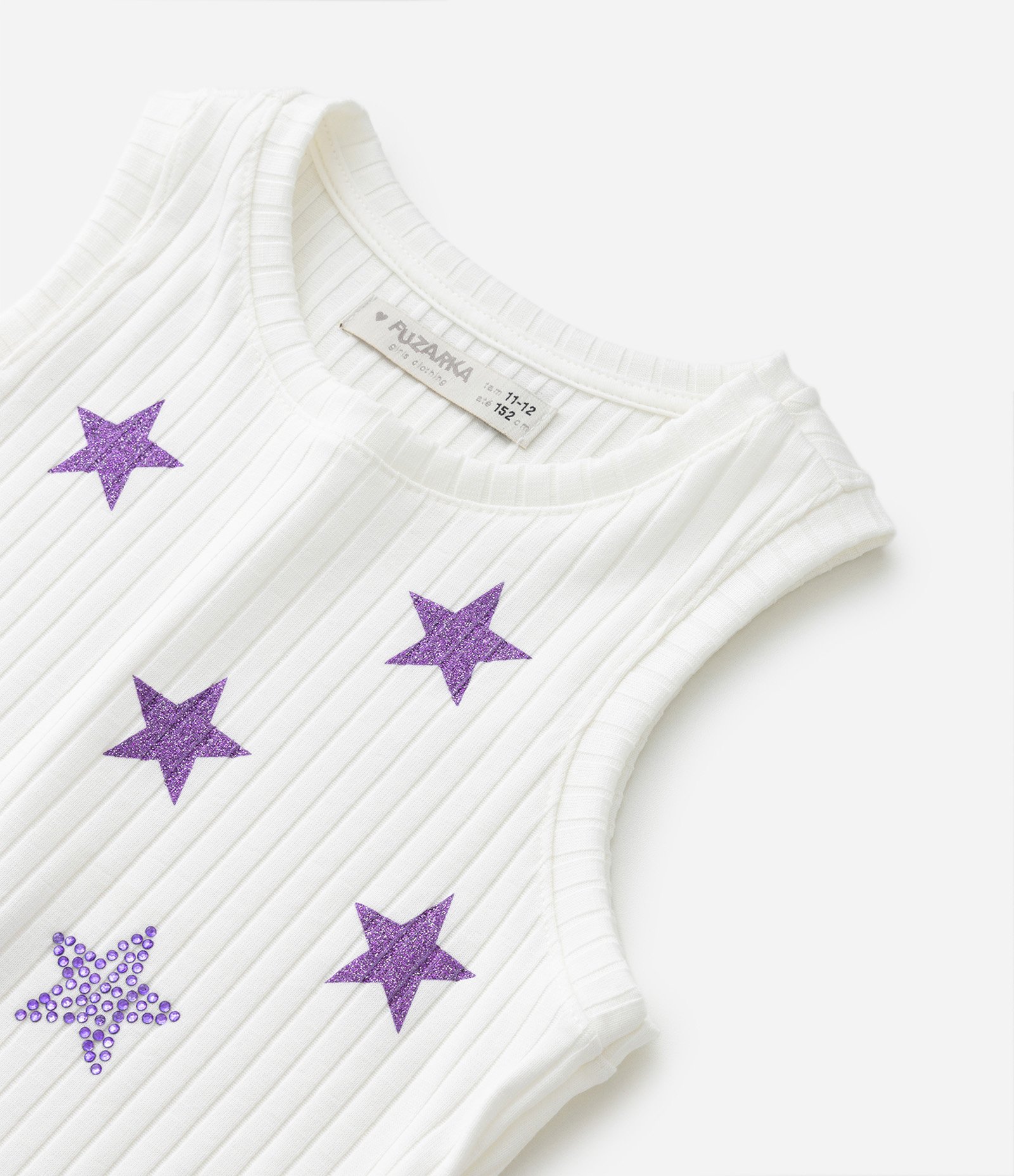 Blusa Regata Infantil Canelada Estampa Estrelas com Glitter e Strass - Tam 5 a 14 anos Branco 5