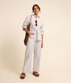 Calça Wide Leg em Tricoline Listrado com Fio Tinto