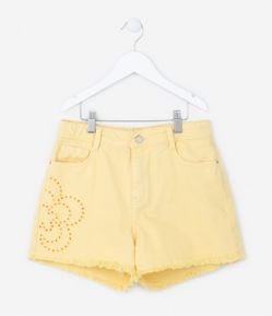 Short Cintura Alta Infantil em Jeans com Bordado Floral e Franjinha - Tam 5 a 14 anos