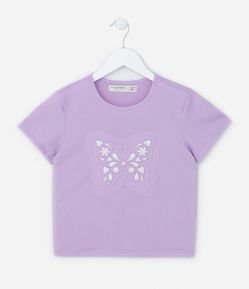 Blusa Cropped Infantil Canelada com Borboleta Frontal em Relevo - Tam 5 a 14 anos