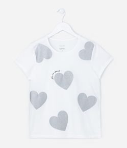 Camiseta Infantil em Algodão com Estampa de Corações com Glitter - Tam 5 a 14 Anos