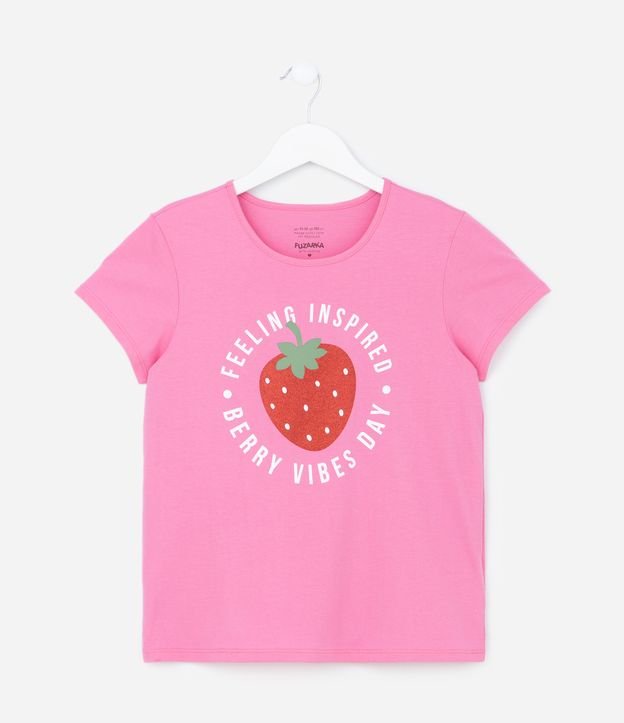 Camiseta Evasê Infantil em Algodão Estampa Morango - Tam 5 a 14 anos