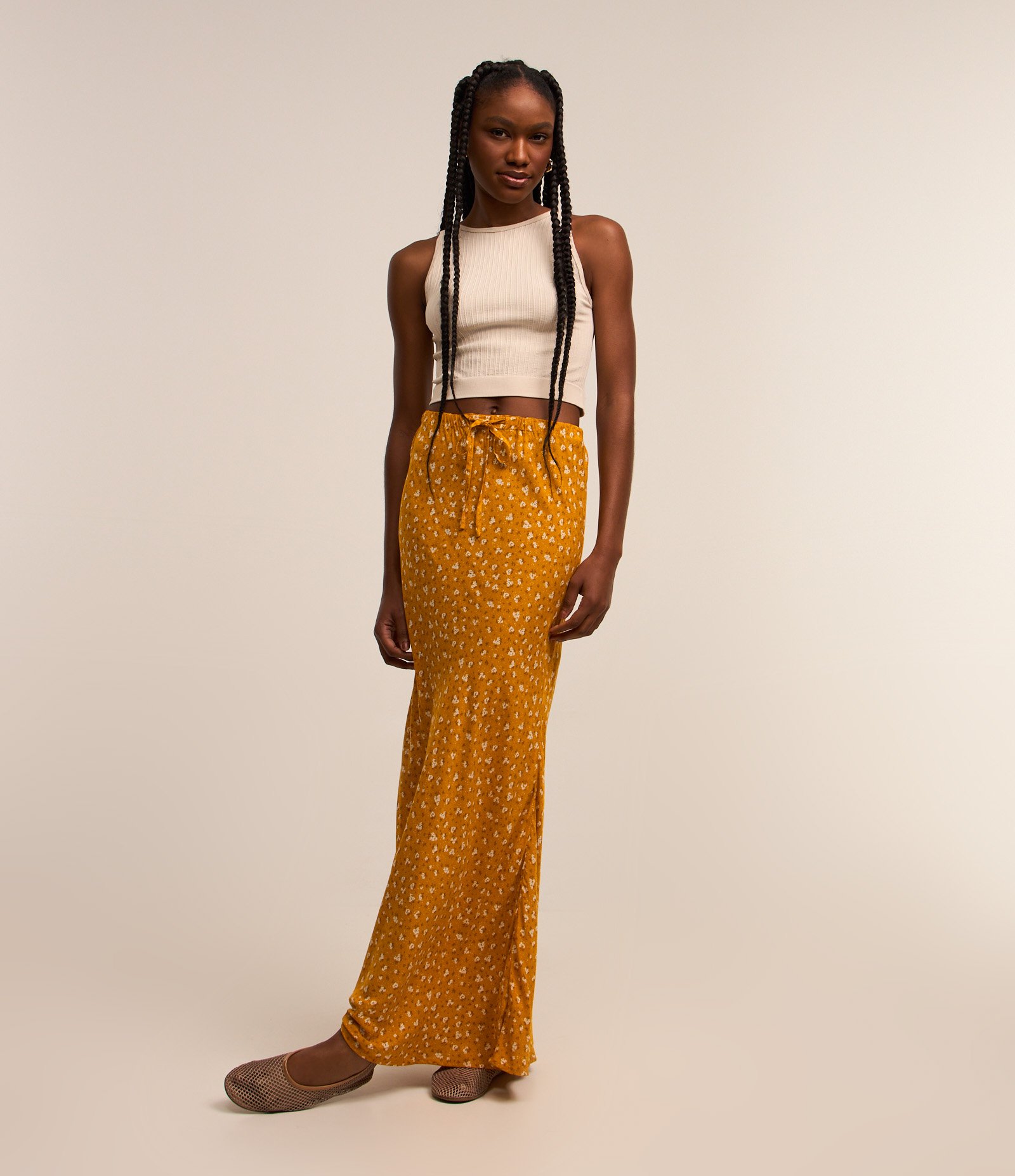 Saia Midi em Viscose Floral Liberty com Amarração Amarelo 1