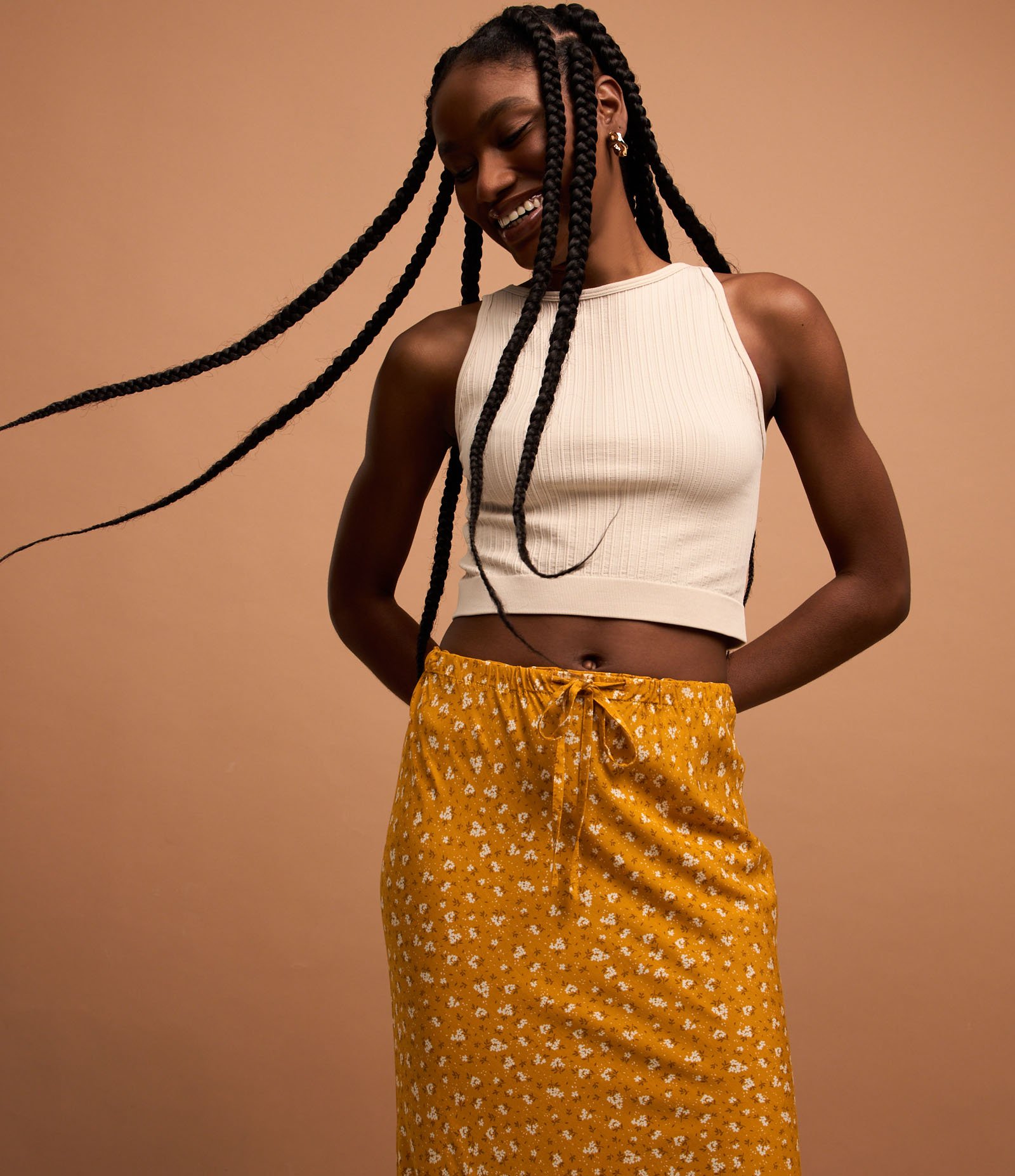 Saia Midi em Viscose Floral Liberty com Amarração Amarelo 4