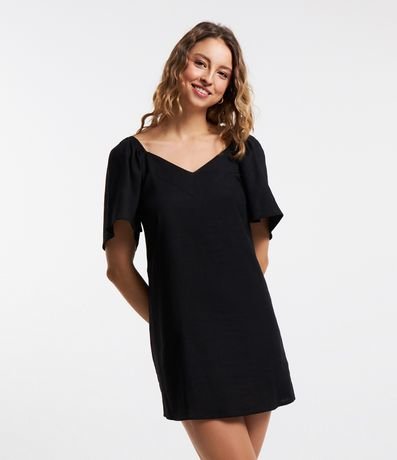 Vestido Curto Manga Godê em Linho com Decote V Menor preço em Vestido Curto Manga Godê em Linho com Decote V
