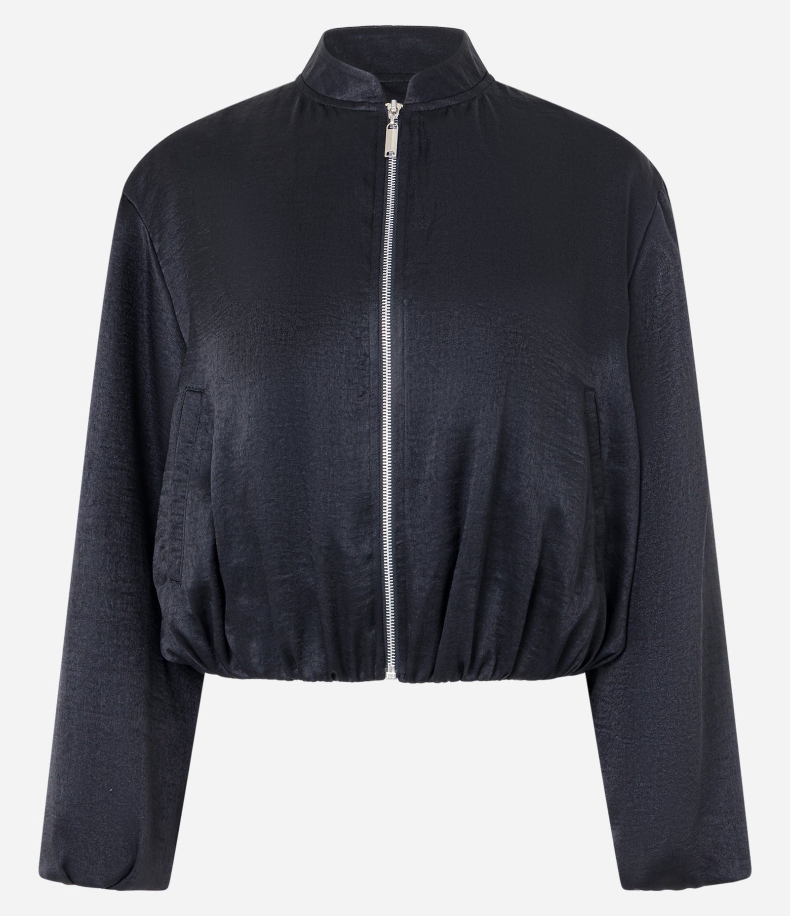 Jaqueta Bomber em Tecido Acetinado com Zíper Frontal Preto 5