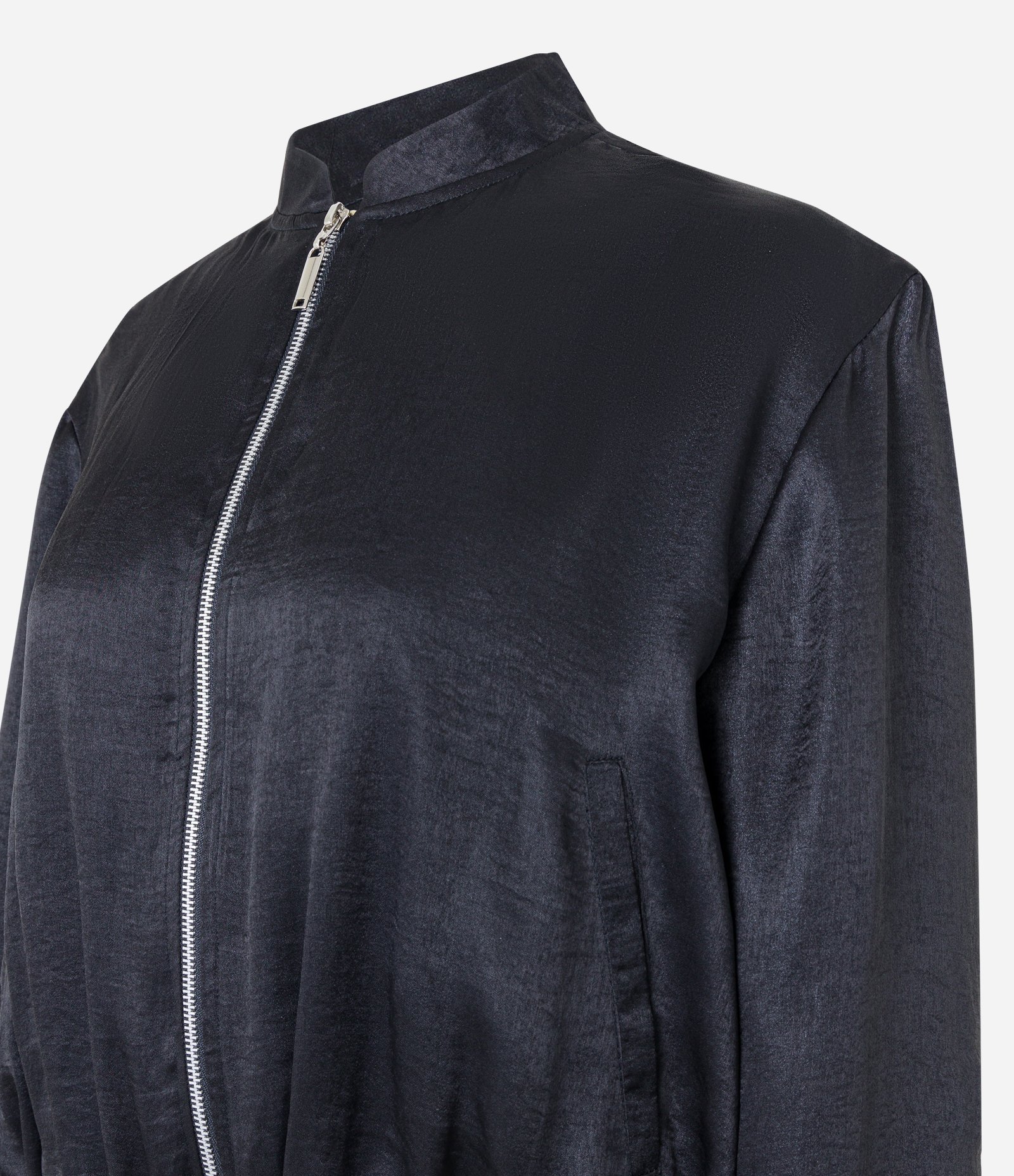 Jaqueta Bomber em Tecido Acetinado com Zíper Frontal Preto 6