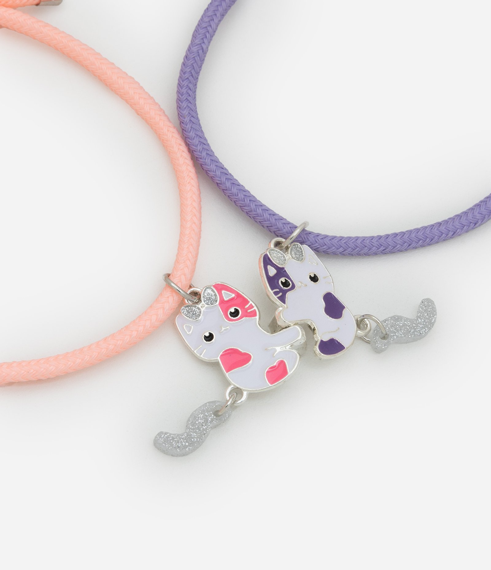 Kit 02 Pulseiras Infantis Bff com Pingente Gatinhos Roxo/Rosa 1