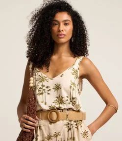 Blusa Sem Manga em Viscolinho com Coqueiros Estampados