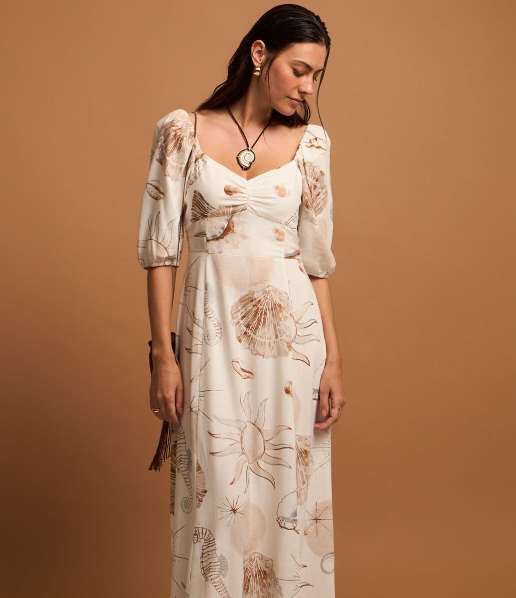 Vestido Midi em Viscolinho com Estampa Tropical Vintage Branco