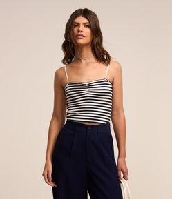 Blusa Cropped em Algodão Listrado com Franzido no Busto