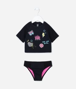 Biquíni Cropped Infantil com Proteção UV e Estampa Doodles - Tam 5 ao 14 Anos