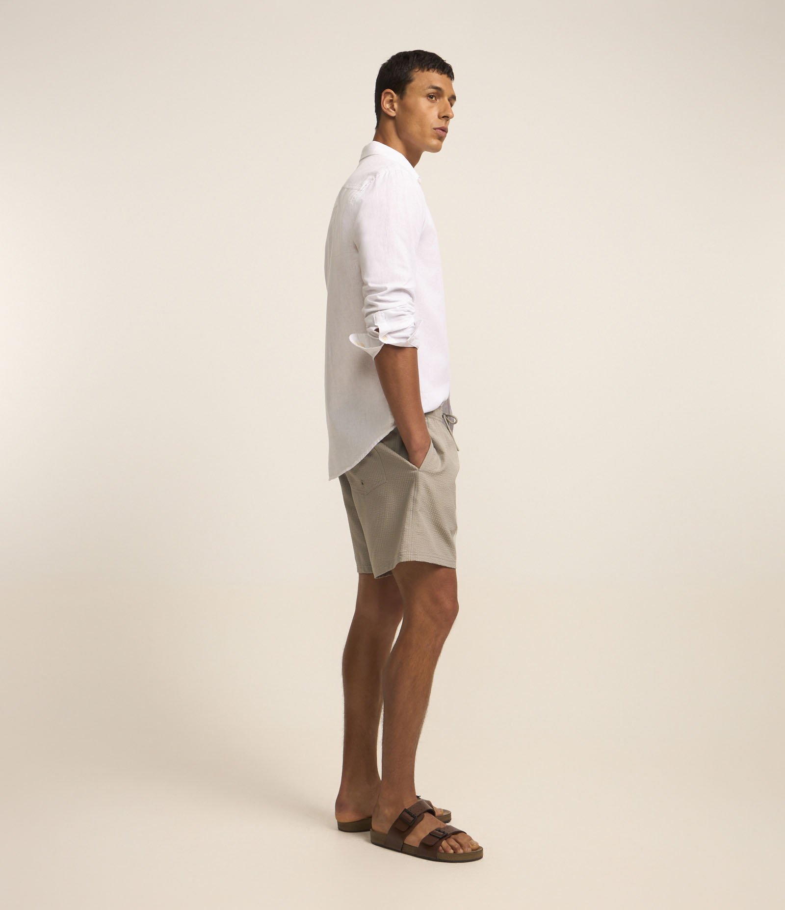 Bermuda de Praia em Anarruga com Textura Bege 5