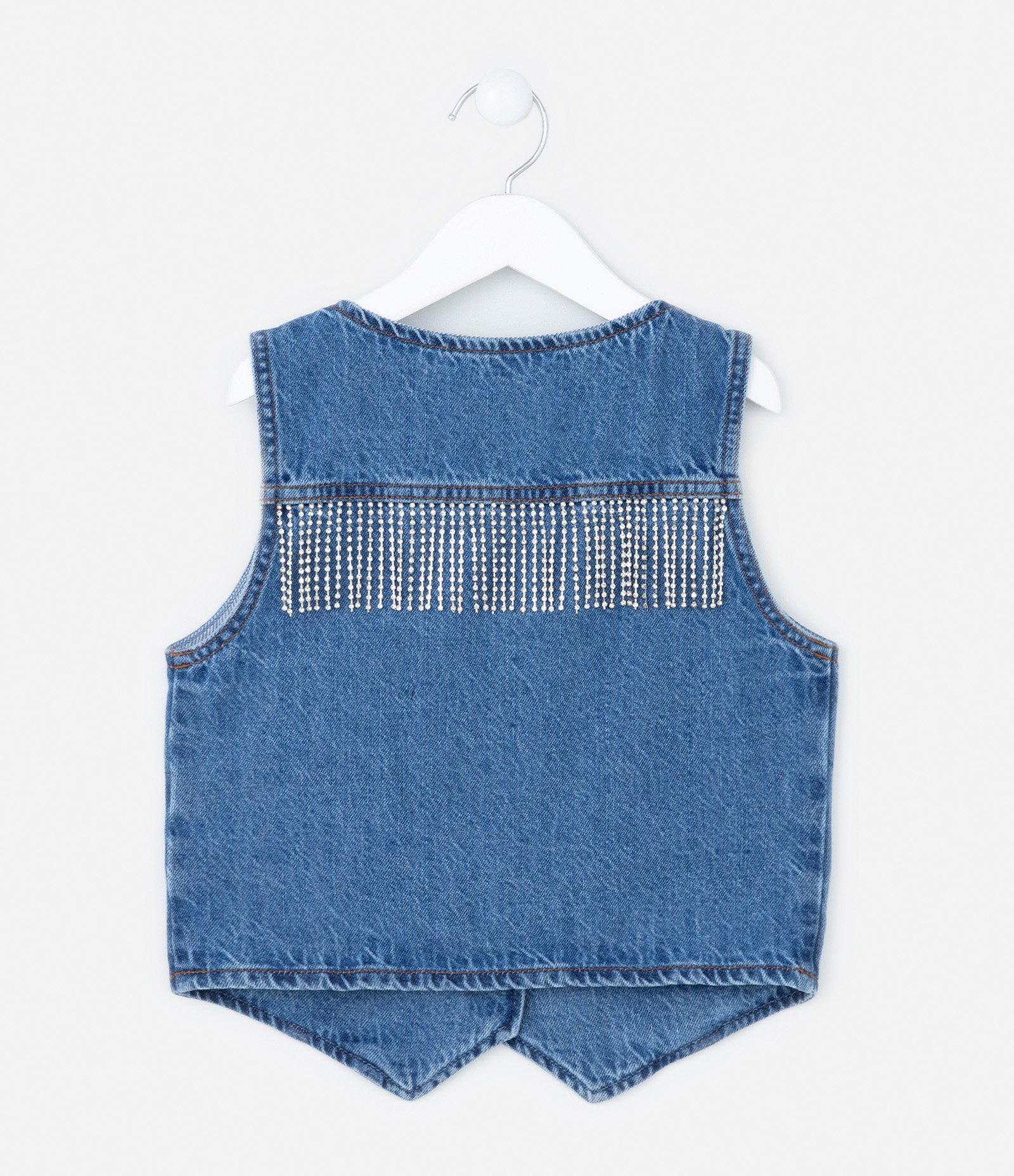 Colete Infantil em Jeans com Franjas em Strass - Tam 5 a14 Anos Azul Médio 2
