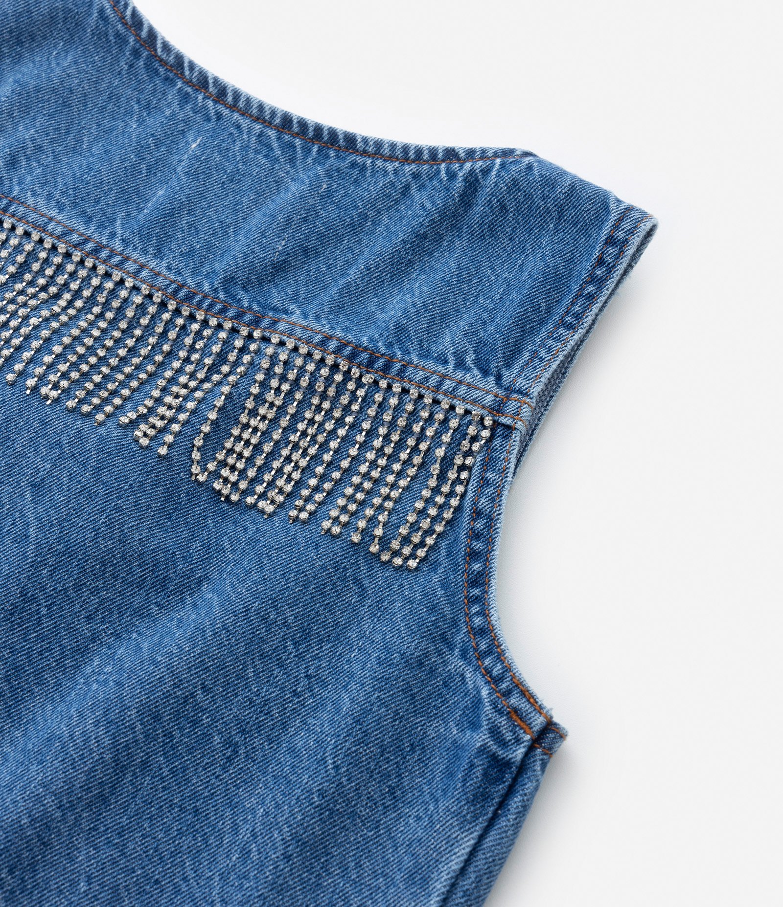 Colete Infantil em Jeans com Franjas em Strass - Tam 5 a14 Anos Azul Médio 5