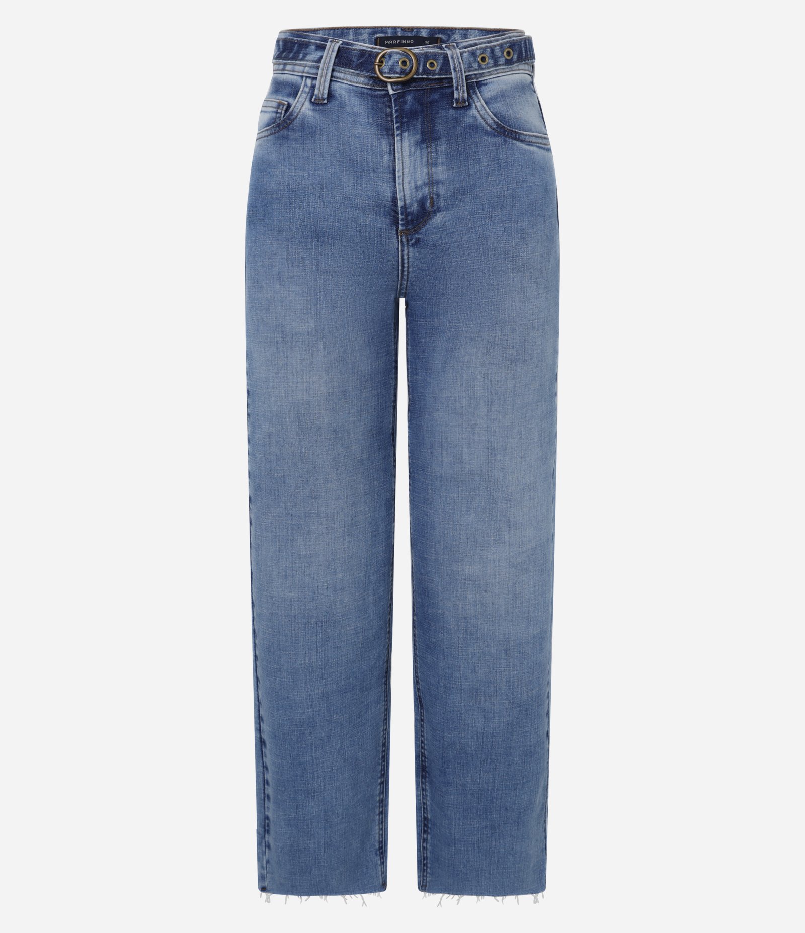Calça Reta Cropped em Jeans com Cinto Afivelado Azul 5