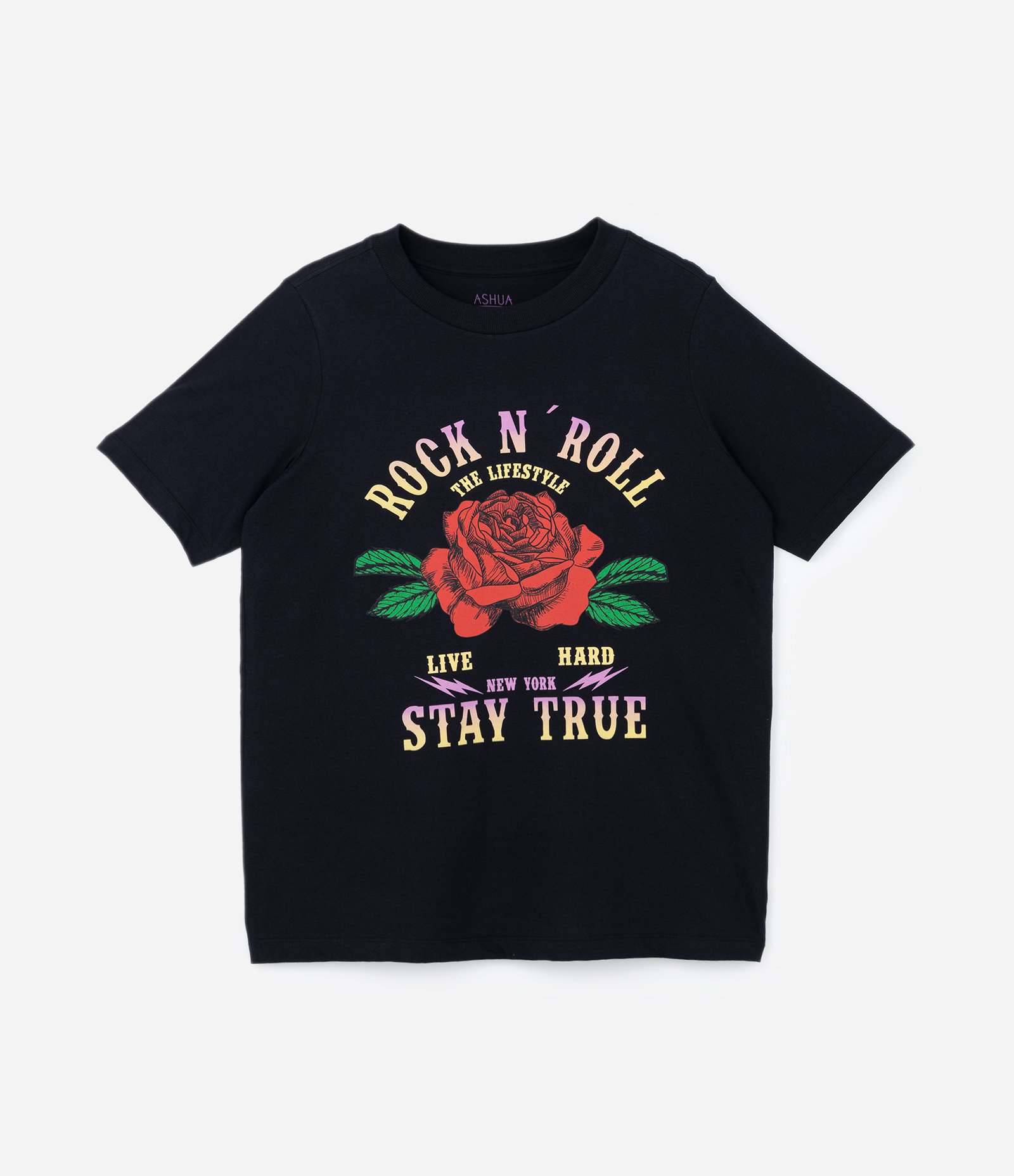 Camiseta em Algodão com Estampa Rosa Rock N Roll Curve & Plus Size Preto 5