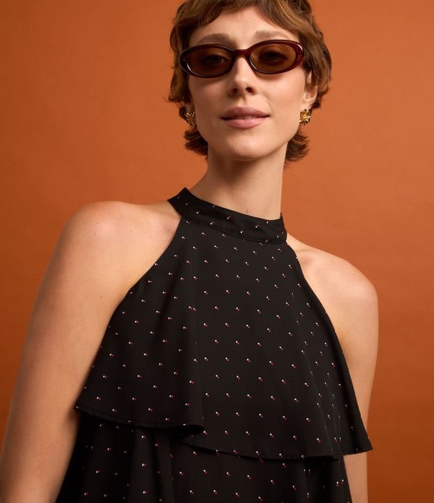 Blusa Sem Manga em Crepe com Sobreposição e Estampa Poá