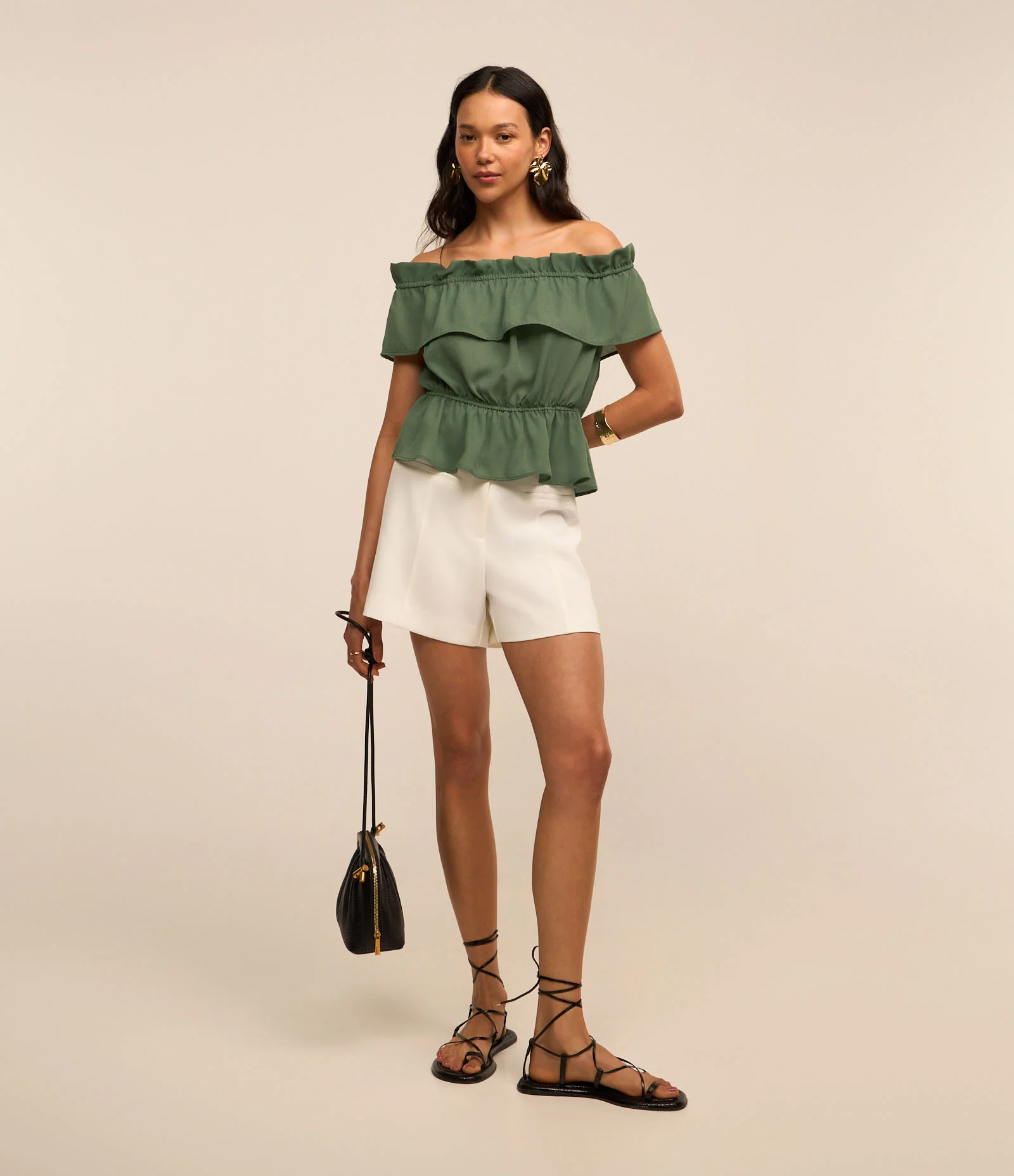 Blusa Ombro a Ombro em Crepe com Elásticos Verde 2