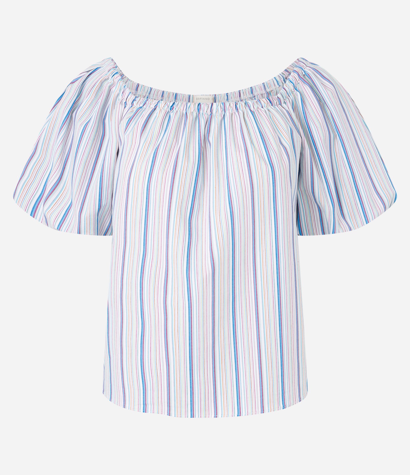 Blusa Ciganinha em Tricoline com Manga Balonê e Estampa Listras Branco/ Azul 5