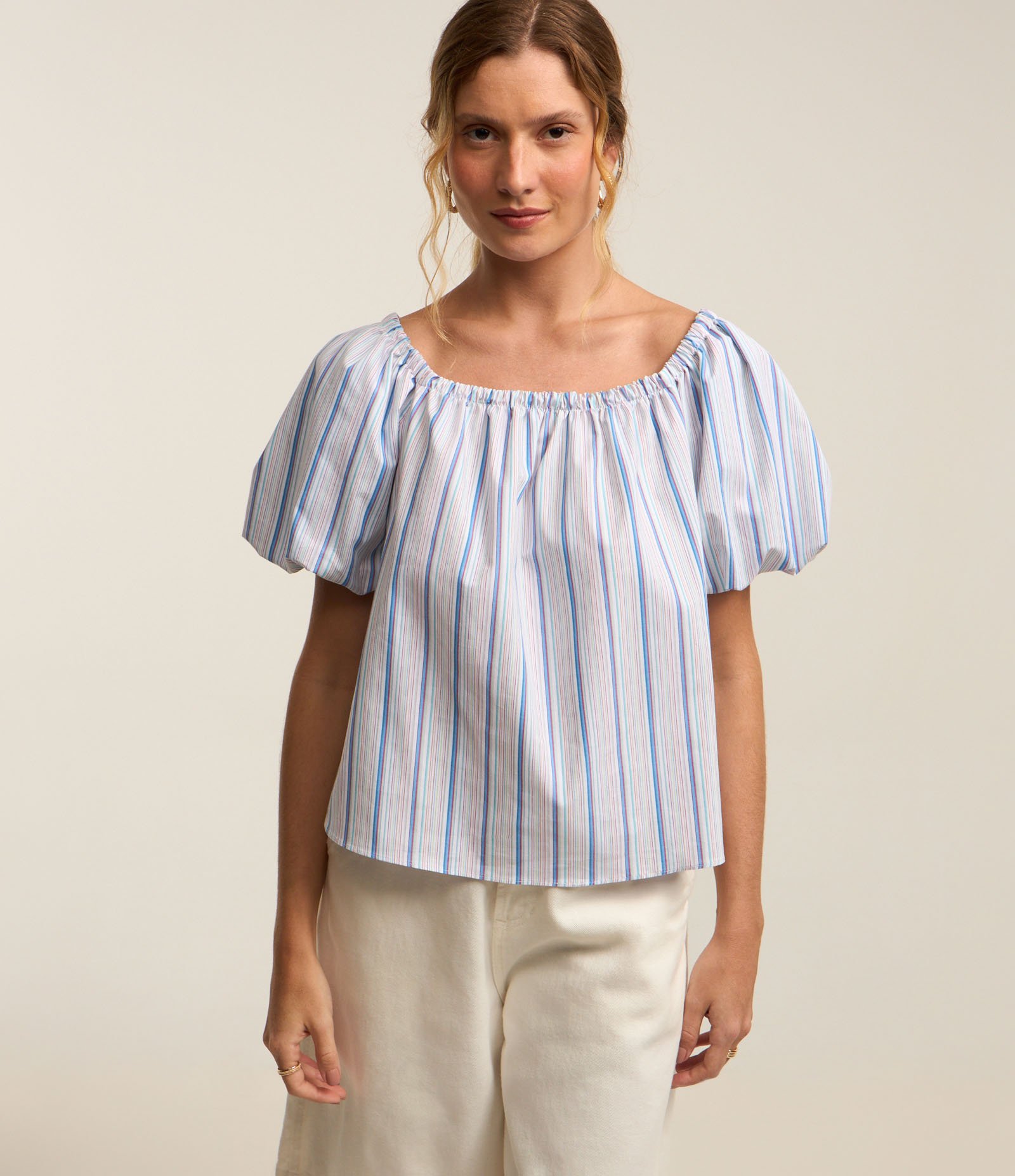 Blusa Ciganinha em Tricoline com Manga Balonê e Estampa Listras Branco/ Azul 2