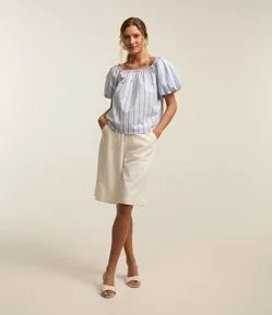 Blusa Ciganinha em Tricoline com Manga Balonê e Estampa Listras