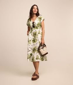 Vestido Midi em Tricoline com Estampa Floral e Elástico na Cintura