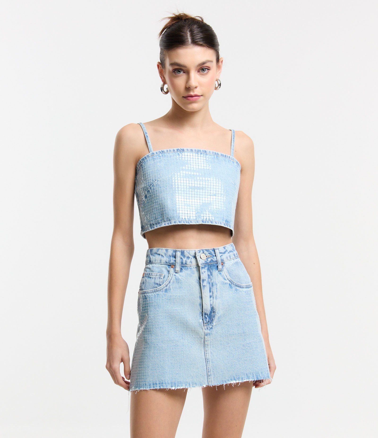 Top de Alça em Jeans com Bolinhas Transparentes Azul 1