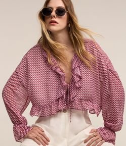 Blusa em Chiffon com Babados e Estampa Pied de Poule