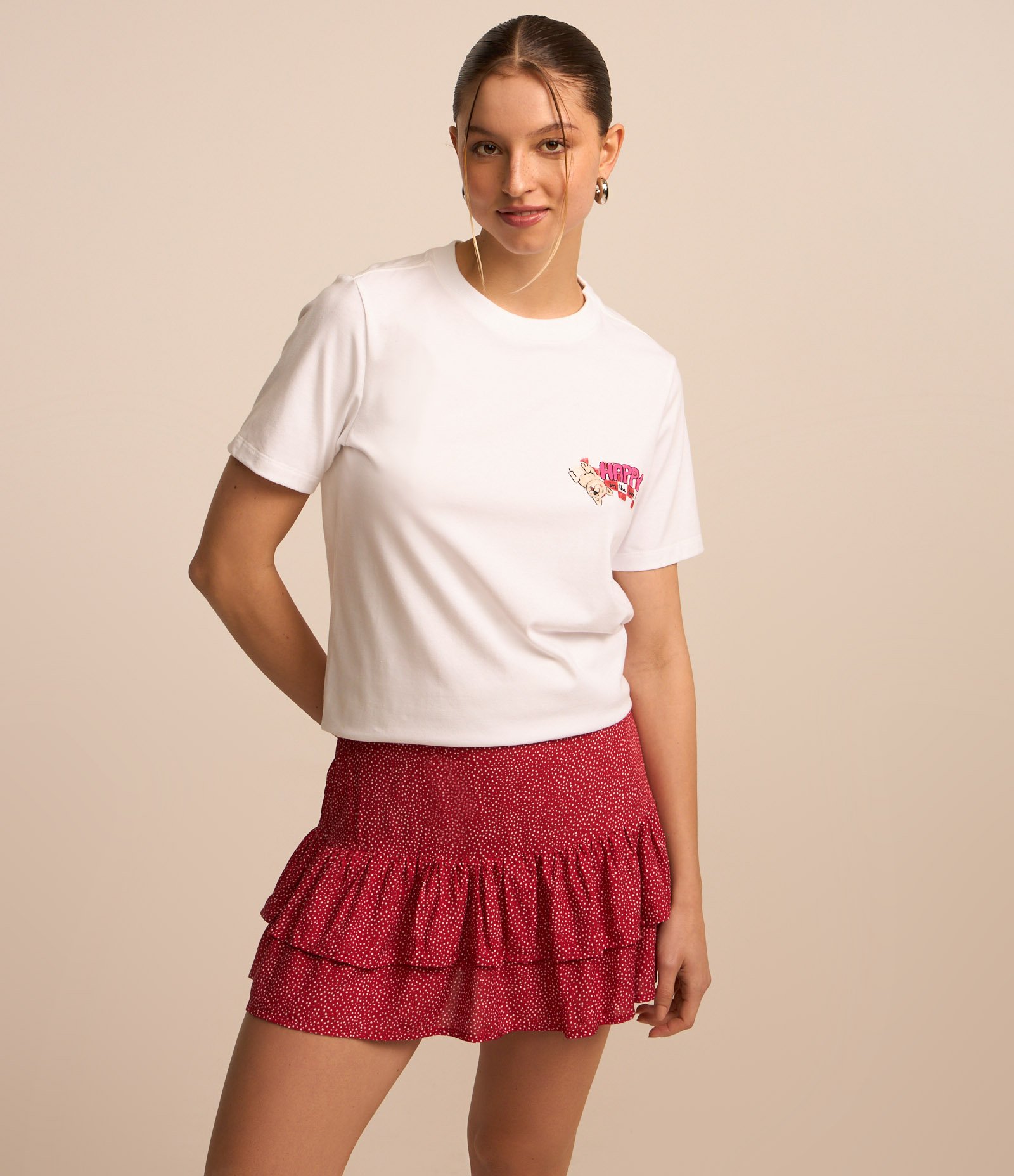 Saia Curta em Viscose Poá com Babadinhos Vermelho 2