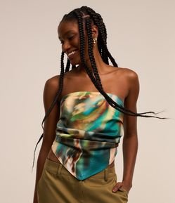 Blusa Tomara que Caia em Crepe com Barra de Ponta e Estampa Abstrata