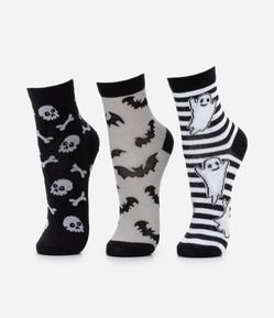 Kit 03 Meias Infantis em Algodão Estampa Halloween - Tam 19 ao 34