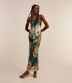 Vestido New Midi em Crepe com Alças Finas e Estampa Abstrata