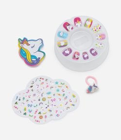 Kit de Unha Infantil com 24 Unhas Postiça + Cartela de Adesivos + Lixa + Anel Unicórnio Alchemia