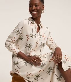 Vestido Chemise em Viscolinho com Abotoamento e Estampa Coqueiros