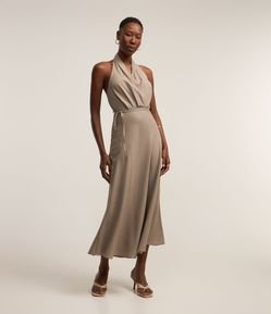 Vestido Frente Única Midi em Viscolinho com Decote Transpassado