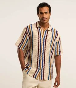 Camisa em Crochê Rustico com Textura e Listras Contrastantes