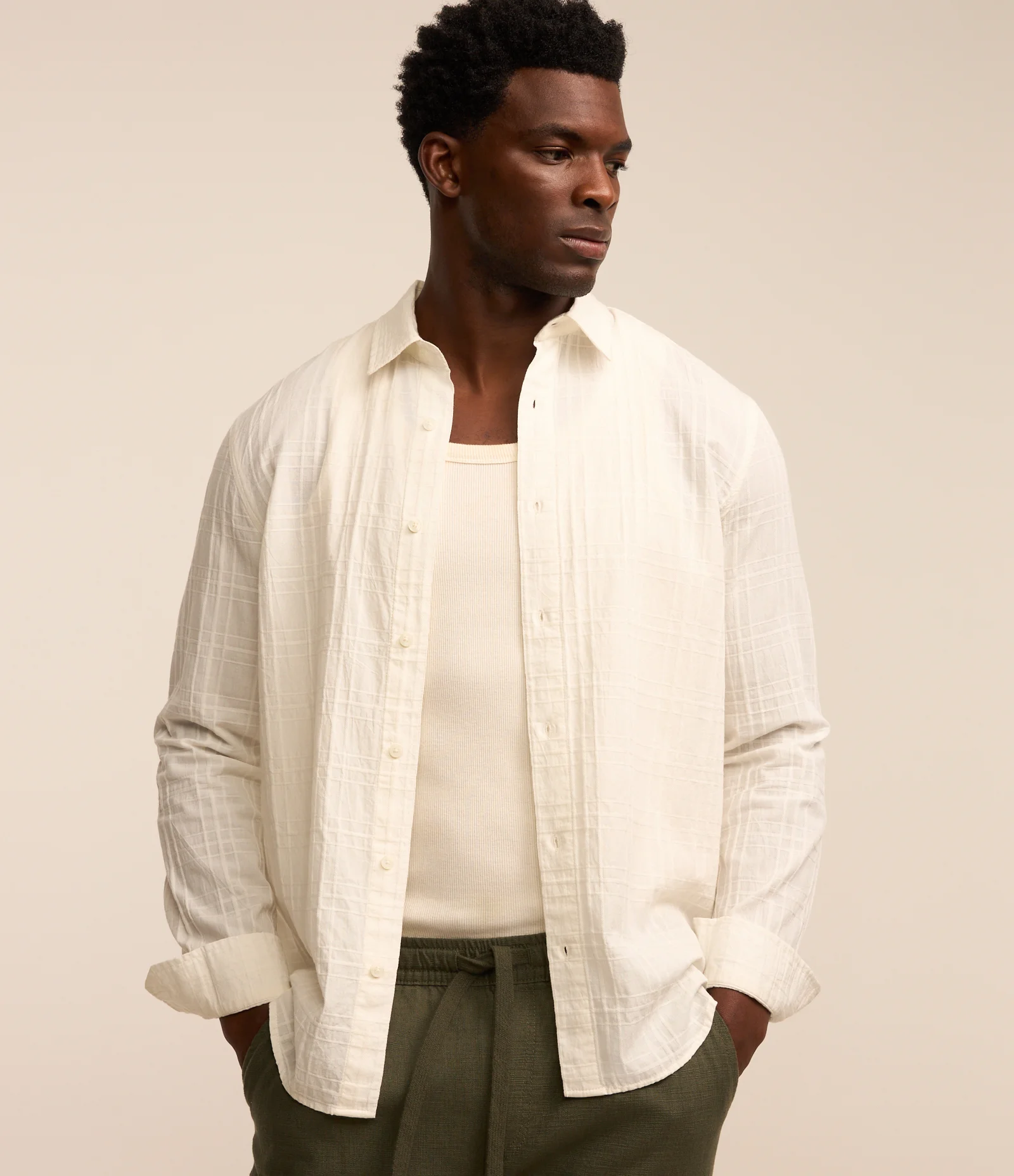 Camisa em Algodão com Textura Xadrez Branco 1