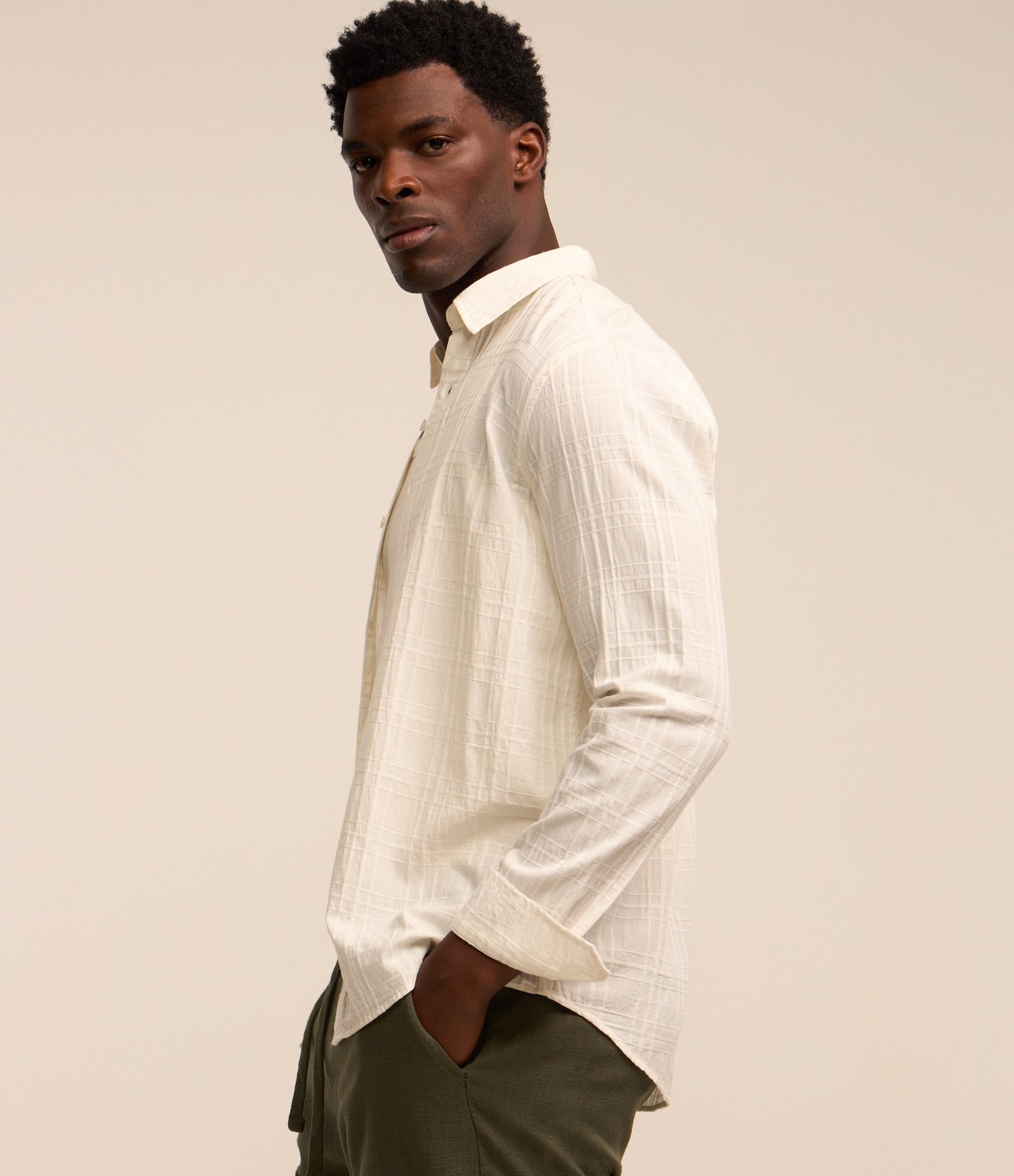 Camisa em Algodão com Textura Xadrez Branco 4