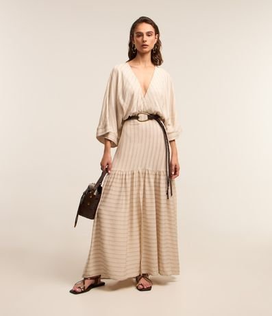 Vestido Midi em Viscolinho com Estampa Listras em Fio Tinto Menor preço em Vestido Midi em Viscolinho com Estampa Listras em Fio Tinto