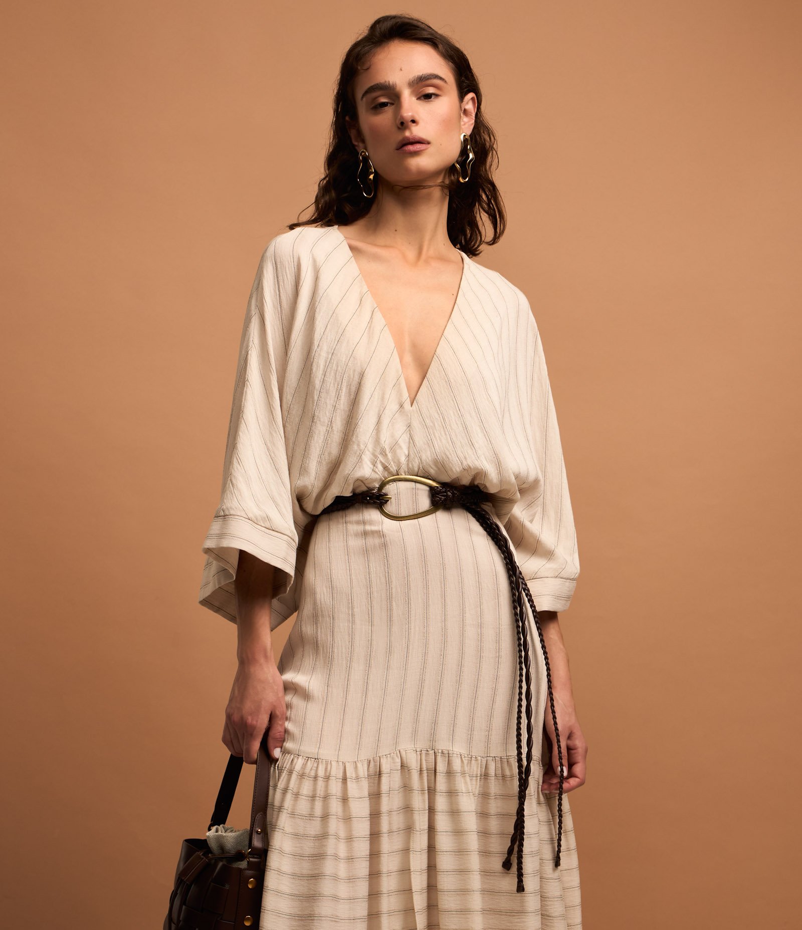 Vestido Midi em Viscolinho com Estampa Listras em Fio Tinto Off White 2