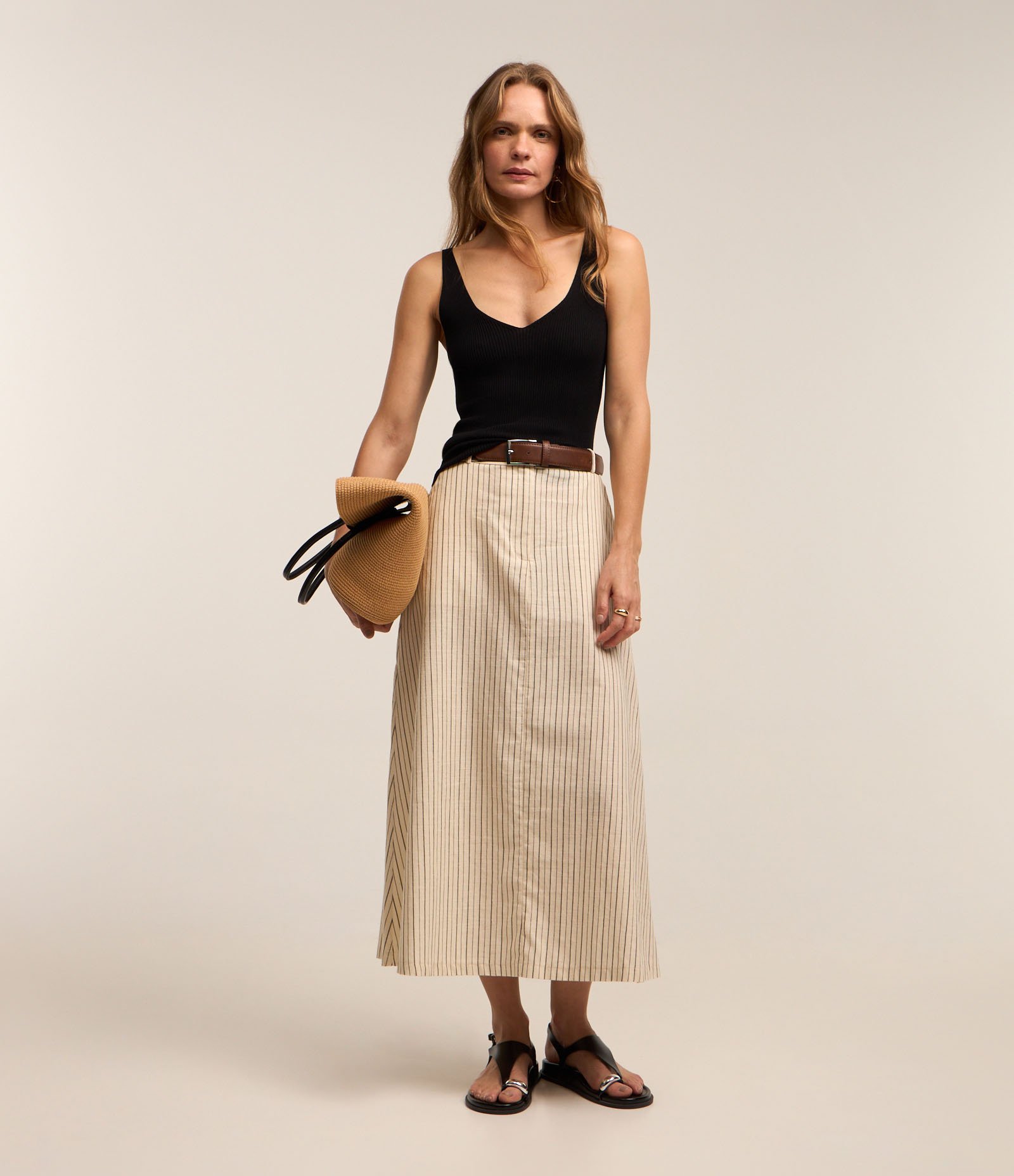 Saia Midi em Tricoline com Passantes no Cós e Estampa Listras em Fio Tinto Off White 1